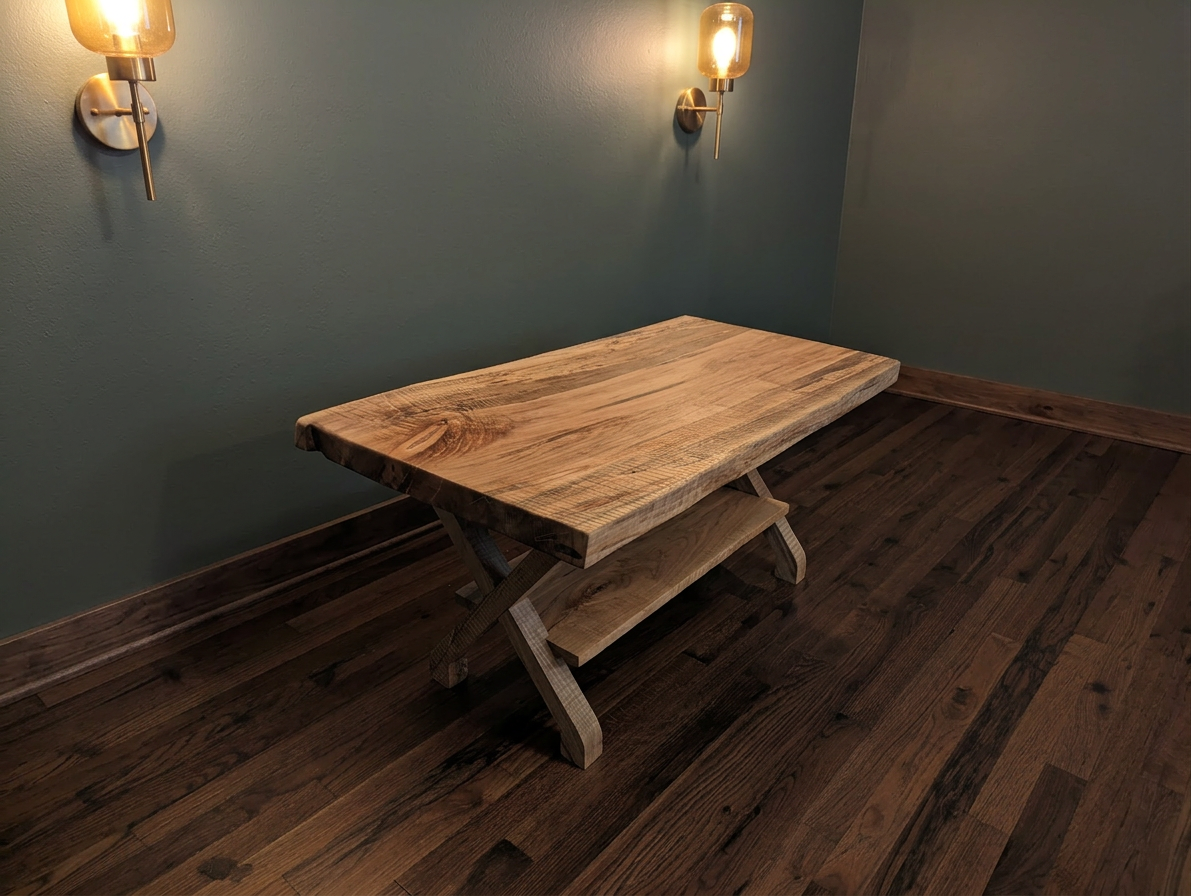 Curly maple coffee table with live edge slab and X-base, lit by warm sconces against a teal wall